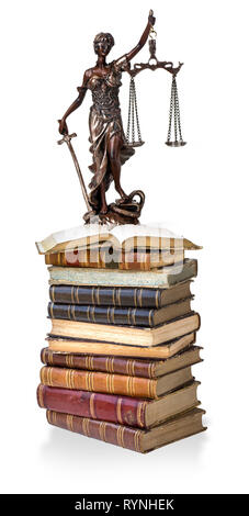 A picture of a Themis statue standing at books  on white background Stock Photo