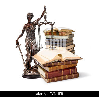 A picture of a Themis statue standing at books  on white background Stock Photo