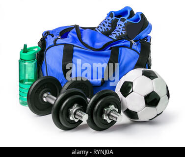 Sports bag with sports equipment isolated on white with clipping path Stock Photo