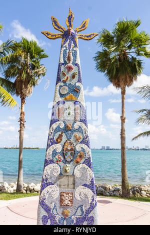 Miami Florida,Marg,Road,aret Pace Park,Biscayne Bay,Palm Trees,urban park,mosaic,art throne,art in public places,palm trees,monument,artwork,sculpture Stock Photo