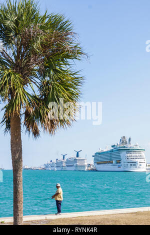 Miami Florida,Bicentennial Park,Biscayne Bay water,Government Cut,Port of Miami,cruise ship,ships,palm tree trees,adult adults man men male,fishing,fi Stock Photo