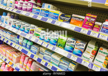 Miami Beach Florida,Walgreens Pharmacy,drug store,medicine,shelf shelves,display sale packaging,Gas X,Pepcid,Tagamet,brands,antacid,over the counter,m Stock Photo