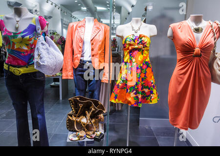 Miami Beach Florida,Lincoln Road Mall,mall,luxury,well dressed,woman's,woman's,woman's,men's,woman's,clothing,accessories,display case sale,prices,pri Stock Photo