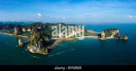 View from above, stunning panoramic aerial view of Krabi most famous beaches, Phra Nang Beach, Railey Beach and Ton sai Bay Beach.