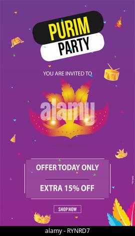 Happy Purim, jewish celebration background. Carnival masks, confetti and calligraphic text. Stock Vector