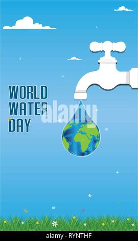 Vector illustration of water tap with the Earth globe inside water drop Stock Vector