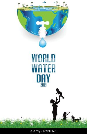 concept of world water day with family in the garden.paper art Stock Vector