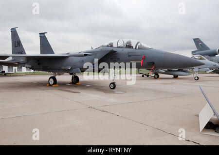 American two-seat fighter-bomber McDonnell-Douglas F-15E 'Strike Eagle' at the exposition of the MAKS 2011 air show, Zhukovsky, Russia Stock Photo