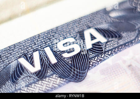 KYIV, UKRAINE - FEBRUARY 2019: close up macro of the United States of America visa header in passport Stock Photo