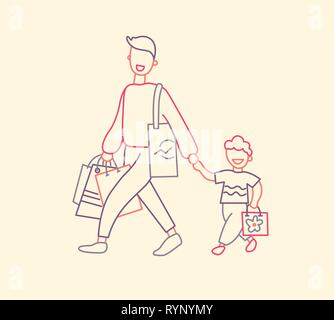 Father with son or brothers have purchases at shopping. Thin line flat design, vector illustration. Stock Vector