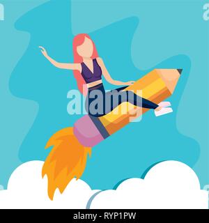 woman flying in rocket launcher with pencil vector illustration design Stock Vector
