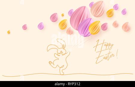 Happy Easter. Cute rabbit with air balloons shaped as eggs. Vector paper desing illustration. Continuous one line style. Stock Vector