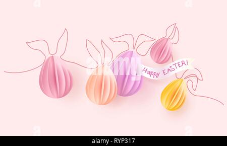 Happy Easter card. Easter paper eggs with rabbit ears on pink background. Vector paper desing illustration. Continuous one line style. Stock Vector