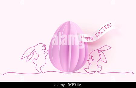 Happy Easter card. Cute hand drawn rabbits with paper cut eggs. Vector paper desing illustration. Continuous one line style. Stock Vector