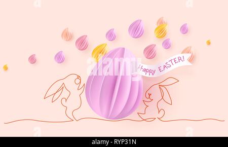 Happy Easter card. Cute hand drawn rabbits with paper cut eggs. Vector paper desing illustration. Continuous one line style. Stock Vector
