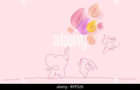 Happy Easter. Cute little elephant with air balloons shaped as eggs and rabbit. Vector paper desing illustration. Continuous one line style. Stock Vector