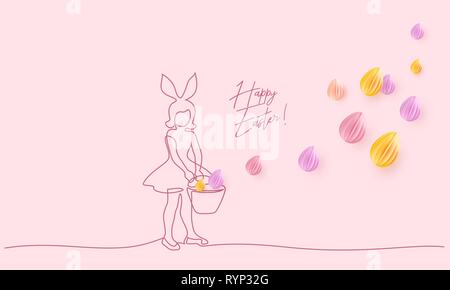 Happy Easter. Girl with rabbit ears and basket searching Easter eggs. Vector paper desing illustration. Continuous one line style. Stock Vector