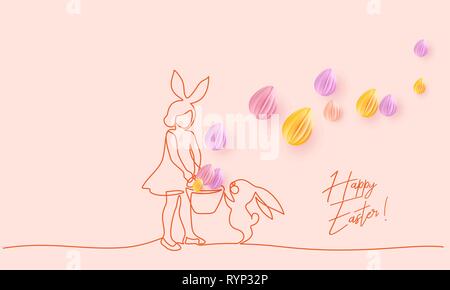 Happy Easter. Girl with rabbit ears and basket searching Easter eggs together wuth bunny. Vector paper desing illustration. Continuous one line style. Stock Vector