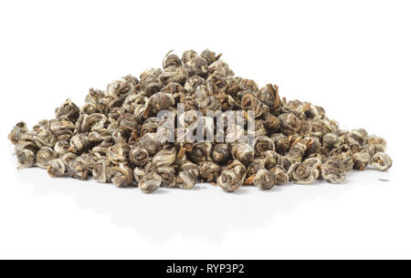 Heap of elite whole leaf oolong tea isolated on pure white with slight reflection Stock Photo