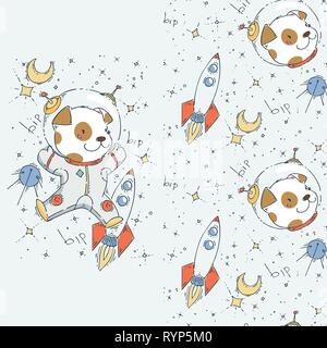 Set of seamless cute childish pattern and doodle cut image with hand drawn cute animals. Creative doodle kids texture for fabric, wrapping, textile, w Stock Vector