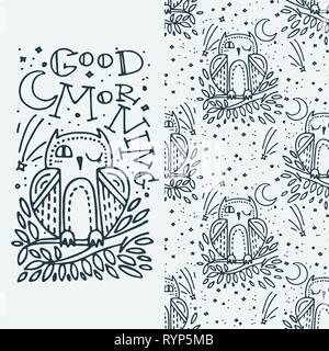 Good morning. Set of seamless cute childish pattern and doodle cut image with hand drawn cute animals. Creative doodle kids texture for fabric, wrappi Stock Vector