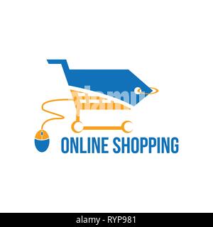 Shopping trolley icon isolated on white background. Online shopping concept. Half price tag and trolley combained with computer mouse . E-commerce buy Stock Vector