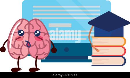 brain cartoon education computer books graduation hat vector illustration Stock Vector