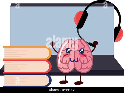 brain cartoon laptop education books headset vector illustration Stock Vector