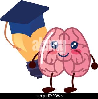 brain cartoon education graduation hat bulb idea vector illustration Stock Vector