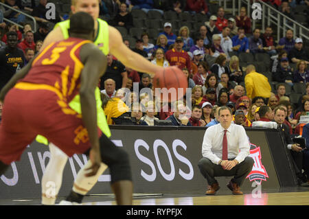 Kansas City, Missouri, USA. 14th Mar, 2019. Iowa State Cyclones head coach Steve Prohm watches his defense play during the 2018 Phillips 66 Big 12 Men's Basketball Championship Quarterfinal game between the Baylor Bears and the Iowa State Cyclones at the Sprint Center in Kansas City, Missouri. Kendall Shaw/CSM/Alamy Live News Stock Photo