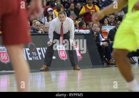 Kansas City, Missouri, USA. 14th Mar, 2019. Iowa State Cyclones head coach Steve Prohm watches the play of his team during the 2018 Phillips 66 Big 12 Men's Basketball Championship Quarterfinal game between the Baylor Bears and the Iowa State Cyclones at the Sprint Center in Kansas City, Missouri. Kendall Shaw/CSM/Alamy Live News Stock Photo