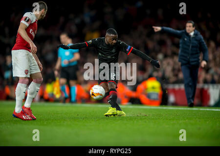 London, UK. 14th Mar, 2019. James Lea Siliki of Rennes during the UEFA Europa League Round of 32 second leg match between Arsenal and Rennes at the Emirates Stadium, London, England on 14 March 2019. Photo by Salvio Calabrese.  Editorial use only, license required for commercial use. No use in betting, games or a single club/league/player publications. Credit: UK Sports Pics Ltd/Alamy Live News Stock Photo