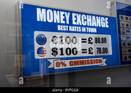 London, UK. 14th Mar, 2019. The photo taken on March 14, 2019 shows the currency rates displayed in a money exchange in London, Britain. British MPs on Thursday voted overwhelmingly to ask the European Union (EU) for an extension to Article 50 in the troubled Brexit process. Credit: Ray Tang/Xinhua/Alamy Live News Stock Photo