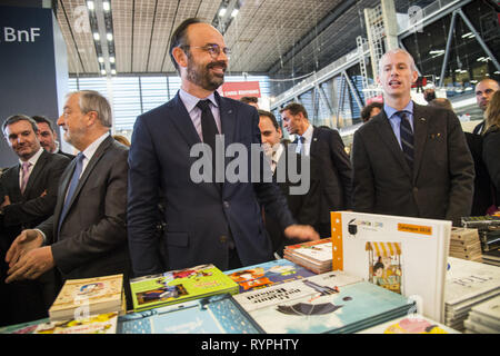 Paris, Ile de France, France. 14th Mar, 2019. French Prime Minister Edouard Philippe (L) and Franck Riester Minister of Culture (R) are seen visiting the 2019 Paris Book Fair. Credit: Thierry Le Fouille/SOPA Images/ZUMA Wire/Alamy Live News Stock Photo