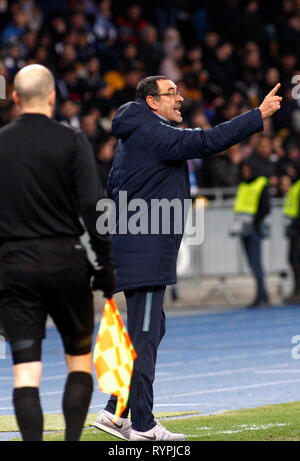 Chelsea head coach Maurizio Sarri reacts during the Europa League second play-off soccer match between FC Dynamo Kyiv and FC Chelsea, at the Olimpiyskyi stadium. Final score: Dynamo Kyiv 0 - 5 Chelsea Stock Photo