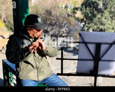 Beijing, China. 12th Mar, 2019. Photo taken with a mobile phone shows a man fluting in the Taoranting Park in Beijing, capital of China, March 12, 2019. Credit: Zhang Haofu/Xinhua/Alamy Live News Stock Photo