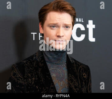 New York, NY - March 14, 2019: Calum Worthy wearing suit by Etro attends the premiere of Hulu's 'The Act' at The Whitby Hotel Stock Photo