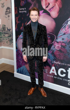 New York, NY - March 14, 2019: Calum Worthy wearing suit by Etro attends the premiere of Hulu's 'The Act' at The Whitby Hotel Stock Photo