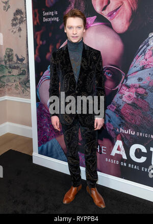 New York, NY - March 14, 2019: Calum Worthy wearing suit by Etro attends the premiere of Hulu's 'The Act' at The Whitby Hotel Stock Photo