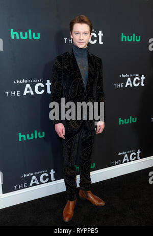 New York, NY - March 14, 2019: Calum Worthy wearing suit by Etro attends the premiere of Hulu's 'The Act' at The Whitby Hotel Stock Photo