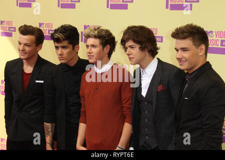 LOS ANGELES, CA - SEPTEMBER 06:  One Direction arrives at the 2012 MTV Video Music Awards at Staples Center on September 6, 2012 in Los Angeles, California.  People:  One Direction Stock Photo