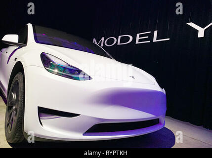 Los Angeles, USA. 14th Mar, 2019. The new Tesla Model Y is introduced. Tesla has expanded its model range to include an SUV based on the current Model 3. Tesla boss Elon Musk announced on Thursday evening (local time) in Los Angeles that the new car with the name Model Y is expected to hit the road in autumn 2020. Credit: Hannes Breustedt/dpa/Alamy Live News Stock Photo