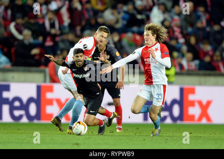 Prague, Czech Republic. 14th Mar, 2019. L-R Milan Skoda (Slavia), Ever Banega (Sevilla) and Alex Kral (Slavia) in action during UEFA Europa League, round of 16, 2nd leg, match SK Slavia Praha - Sevilla FC, on March 14, 2019, in Prague, Czech Republic. Credit: Katerina Sulova/CTK Photo/Alamy Live News Stock Photo