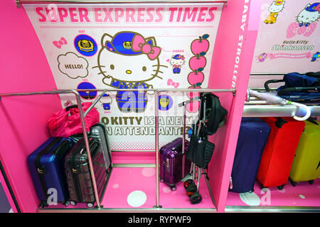 OSAKA, JAPAN -28 FEB 2019- View of the special livery Hello Kitty Shinkansen, a high-speed bullet train operating on the Sanyo line between Osaka and  Stock Photo