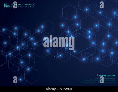 Abstract futuristic complex hexagon shape pattern connection in blue technology background. Design for data connecting for ad, poster, web, print, bro Stock Vector