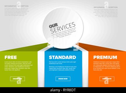 Product / service price comparison cards with description and icons Stock Vector