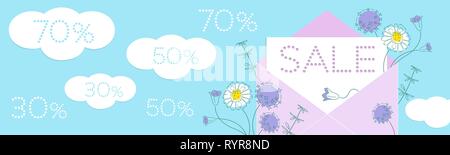 Sale floral banner with flowers and paper cut clouds and discount numbers on blue background. Seasonal design of banner, flyer, poster, web site Stock Vector