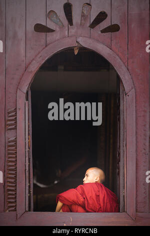 Trainee Buddhist monks study at Shwe Yan Pyay Monastery near Inle Lake, Myanmar Stock Photo