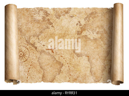 Vintage world map scroll isolated on white. Based on image furnished from NASA. Stock Photo