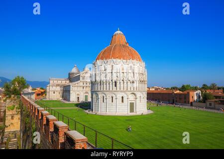 Baptistery and Cathedral, view from Pisa defensive walls, Campo dei Miracoli, Pisa, Tuscany, Italy Stock Photo